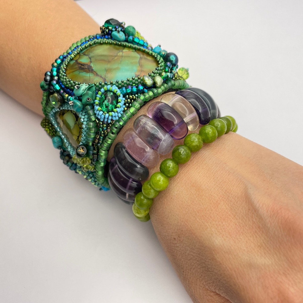 LARGE Beaded Turquoise Boho Cuff Bracelet Adjustable Statement Chunky Bracelet - Picture 16 of 17